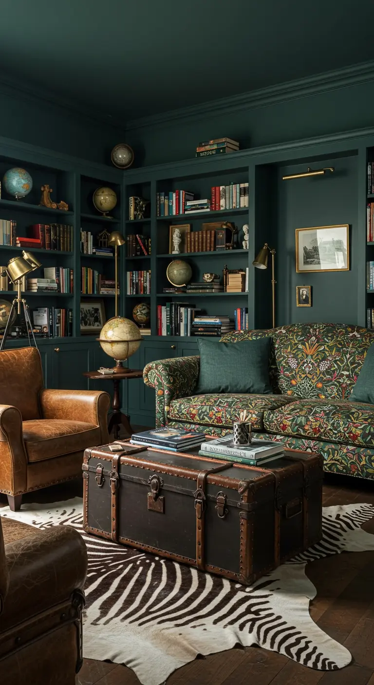 A dark green library with built-in bookshelves, a floral sofa, and a vintage trunk coffee table.