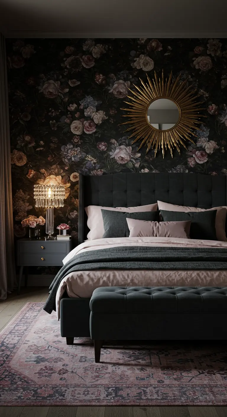 A moody bedroom with dark floral wallpaper, a charcoal tufted bed, and a gold sunburst mirror.