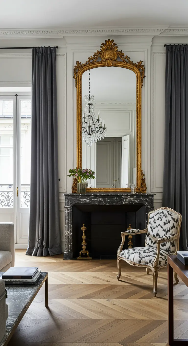 A large gilt mirror rests on a black marble fireplace in a classic Parisian-style apartment.