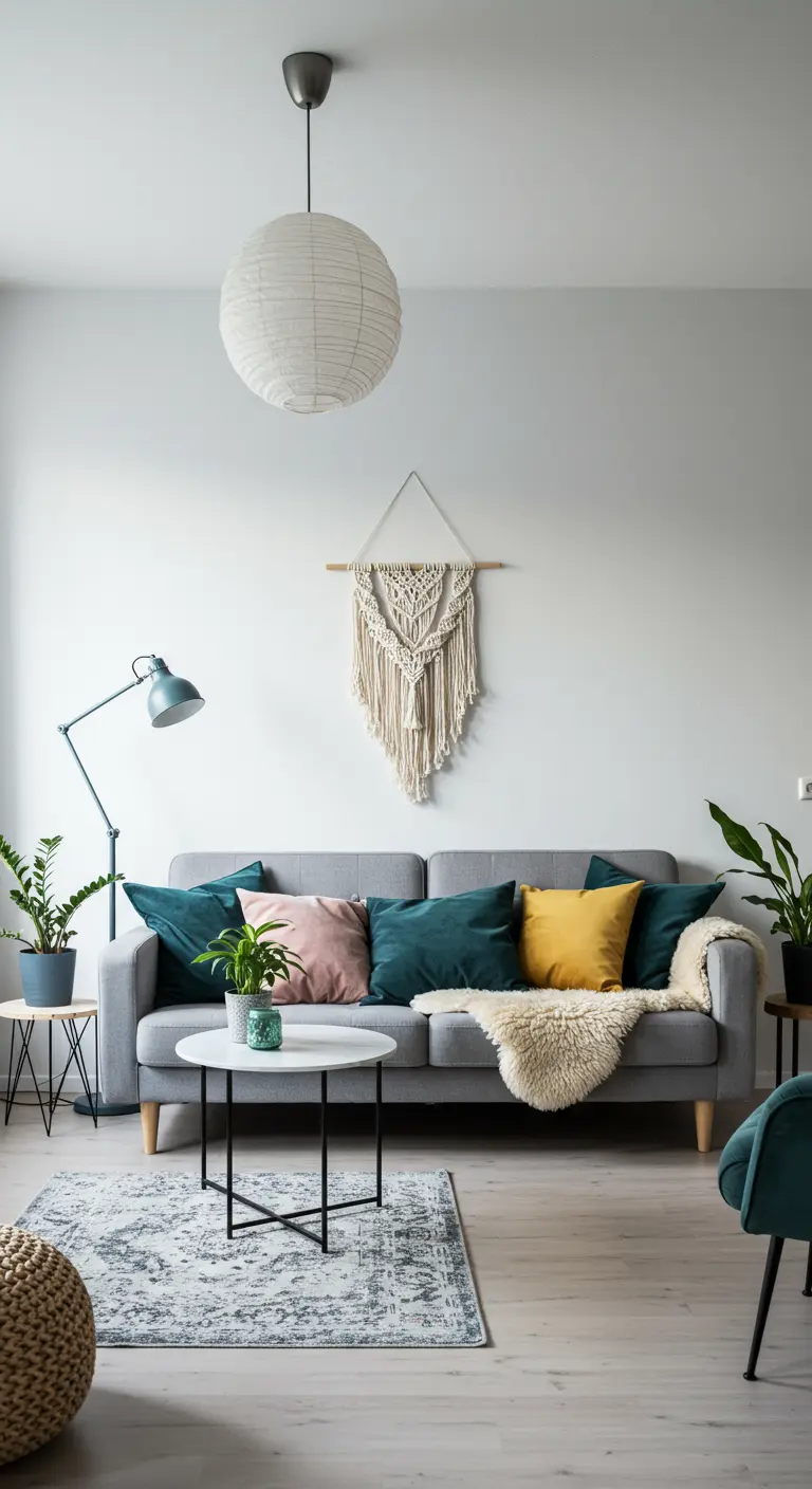 Scandinavian-style living room with a gray sofa, sheepskin throw, and a small macramé hanging.