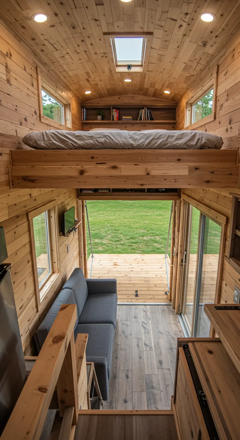 Tiny house interior with a sleeping loft above a gray sofa and glass doors.