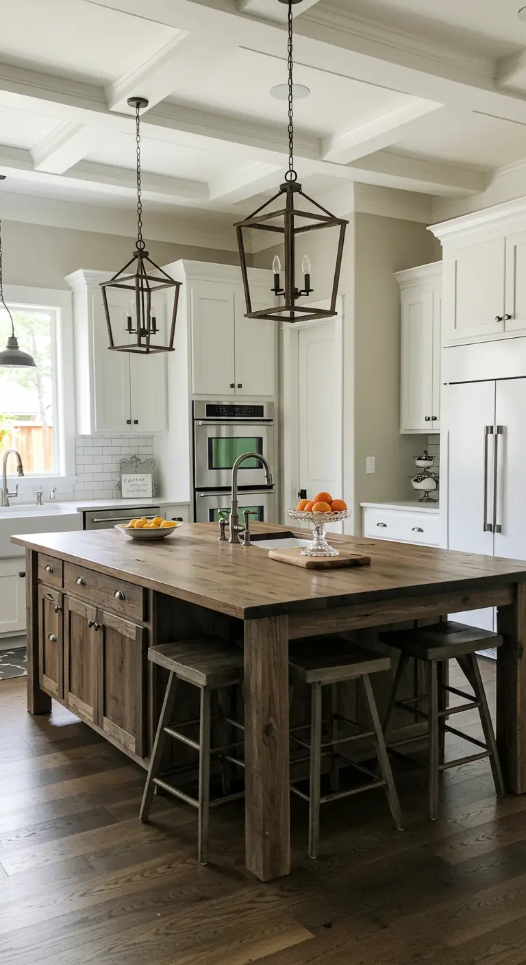 Large kitchen with a wood-look island, coffered ceiling, and two lantern pendants.