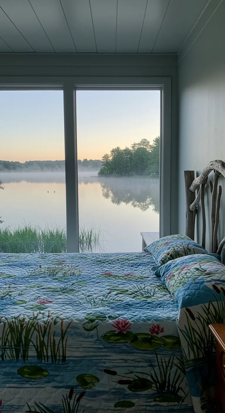 Bed with a waterlily-print quilt positioned before a large window overlooking a misty lake.