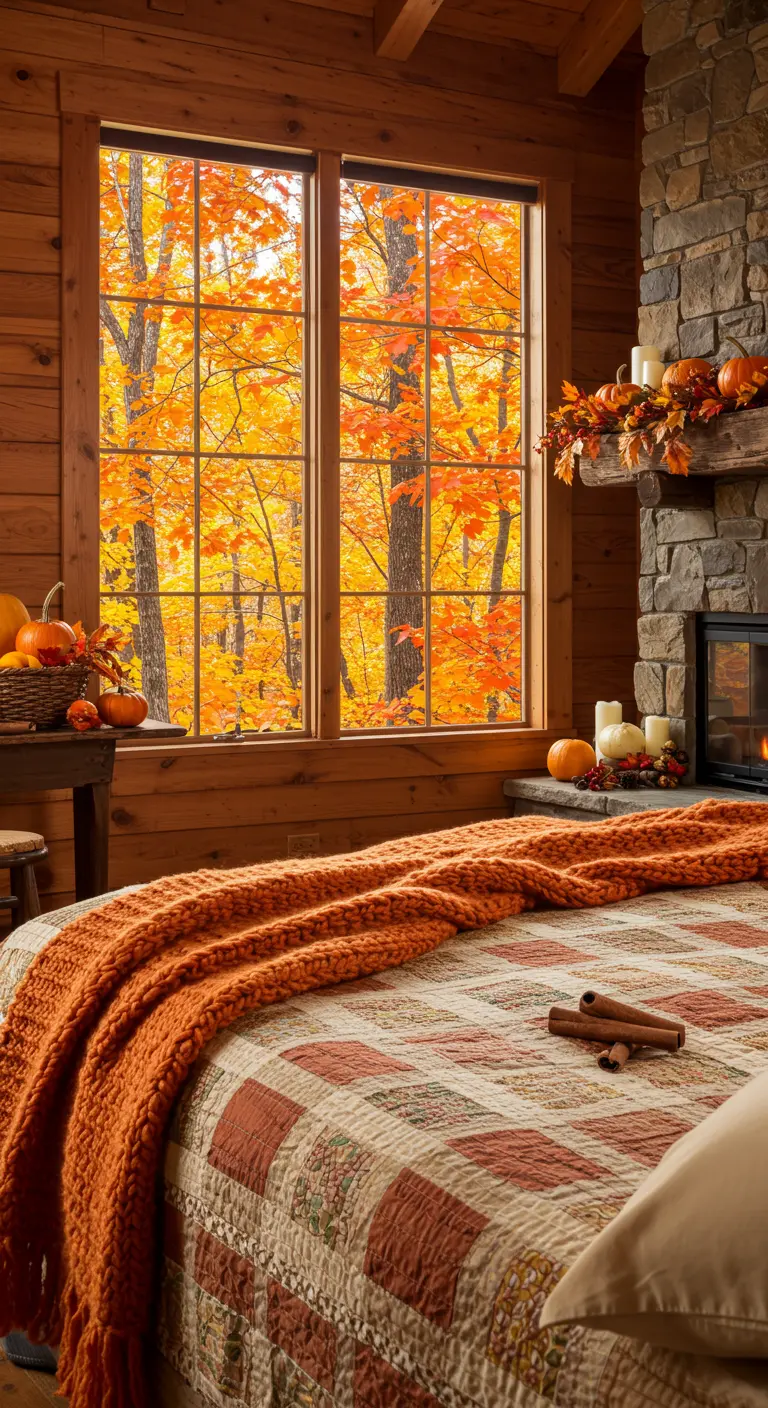 Cabin bedroom with a window looking out on vibrant fall foliage and an orange knit throw.