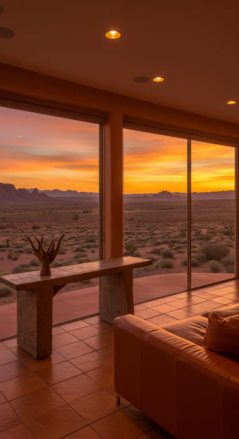A warm-toned living room with a terracotta floor and a large window showing a desert sunset.