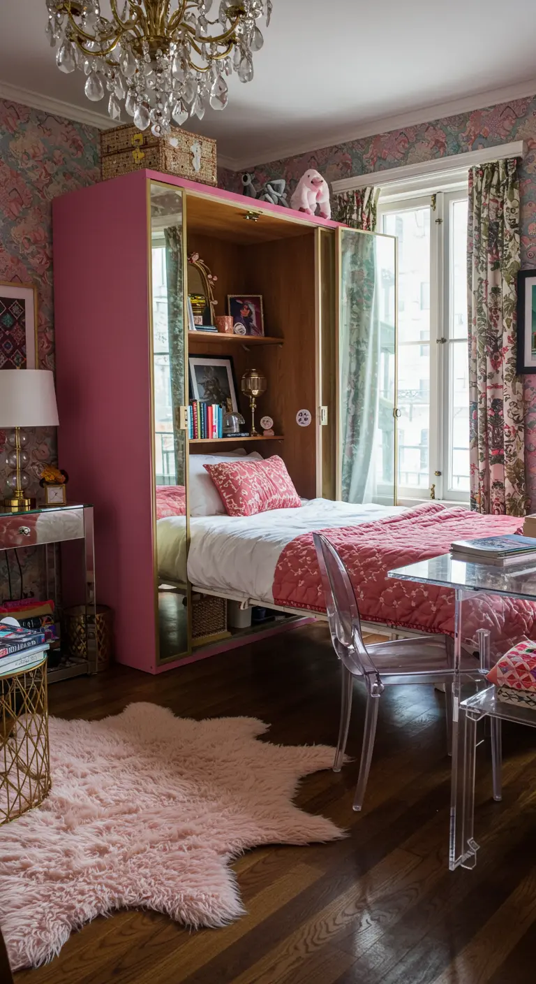 A pink Murphy bed unit with mirrored doors in a maximalist room with floral wallpaper.