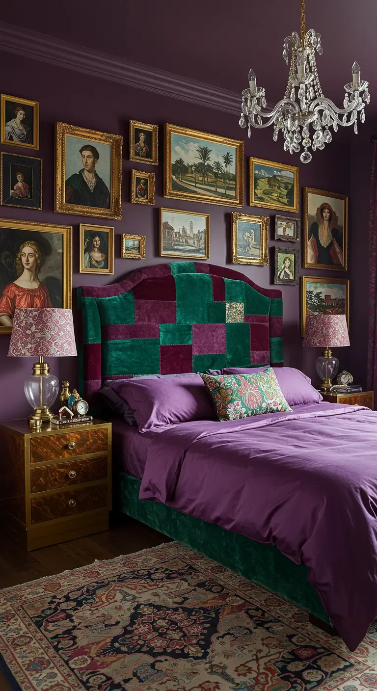 Eclectic purple bedroom with a large gallery wall above a patchwork headboard.