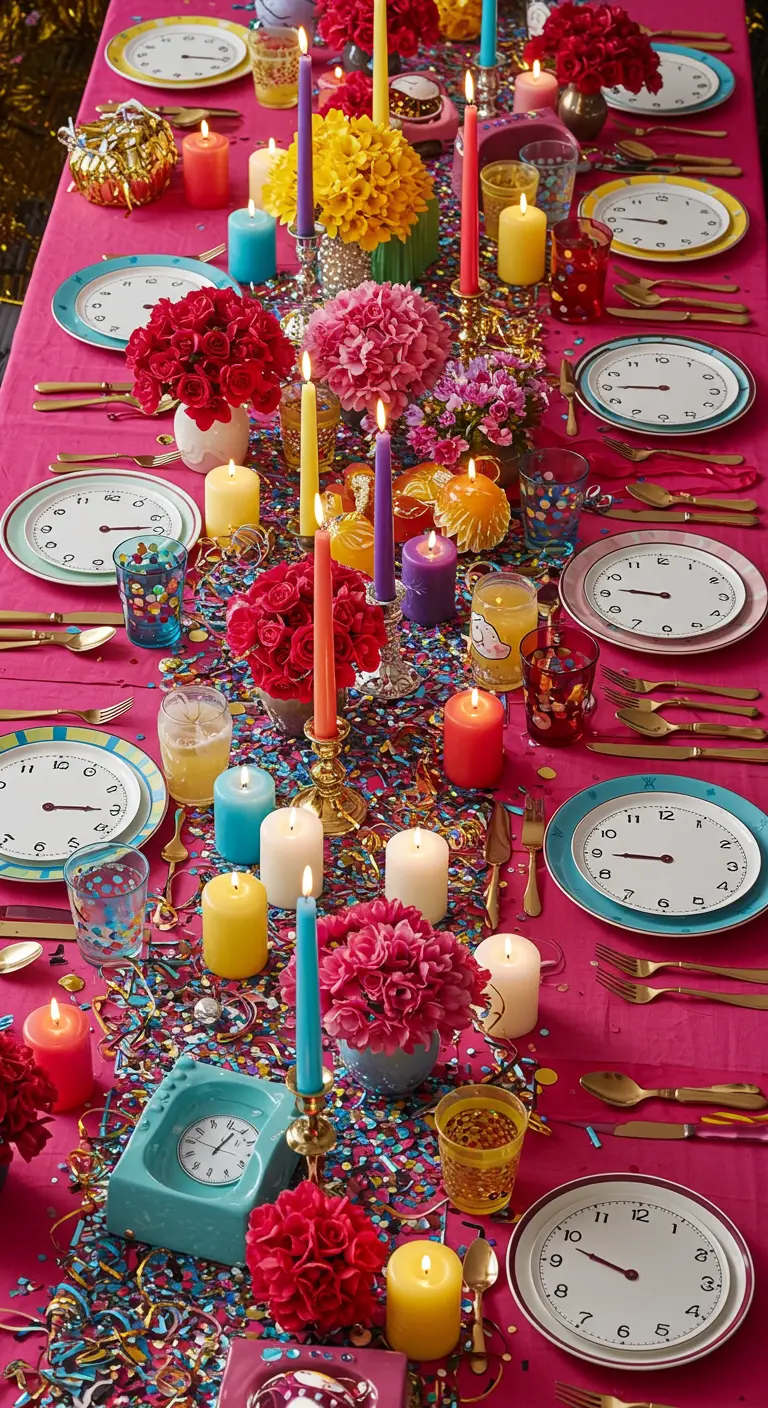 A vibrant, maximalist NYE table with a pink cloth, colorful confetti, flowers, and clocks.