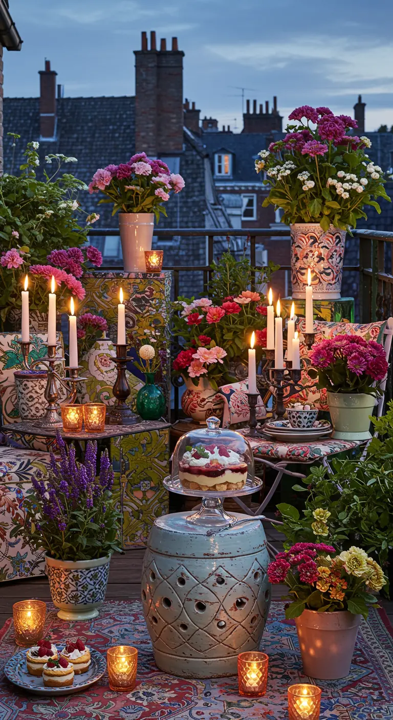 A balcony overflowing with colorful flowers in patterned pots, with a dessert on a ceramic stool.