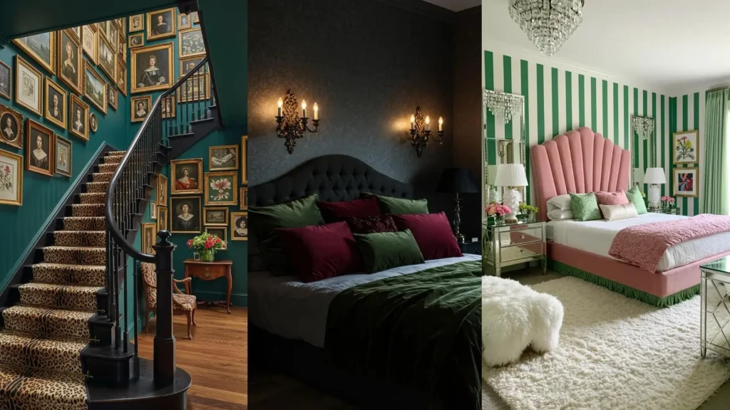 Vibrant maximalist interiors showcasing layered patterns, bold colors, and whimsical decor like a pink scalloped bed and gallery wall.