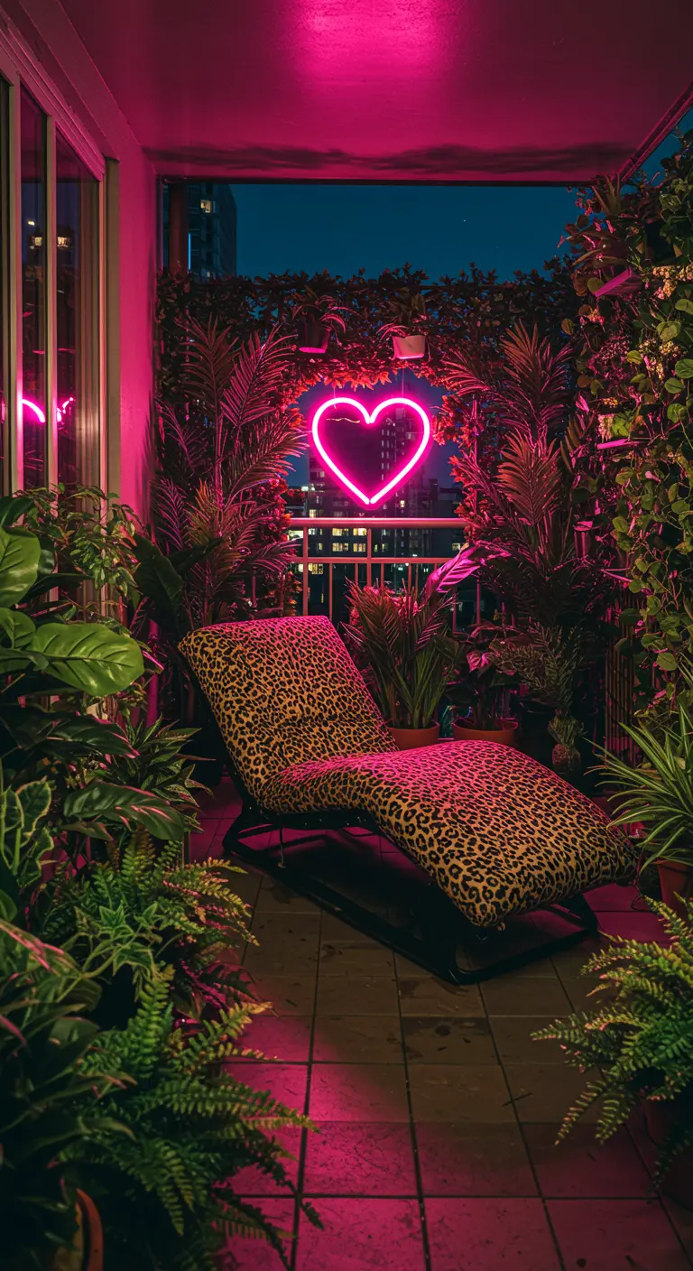 A leopard-print lounger on a balcony overflowing with tropical plants and a pink neon heart.