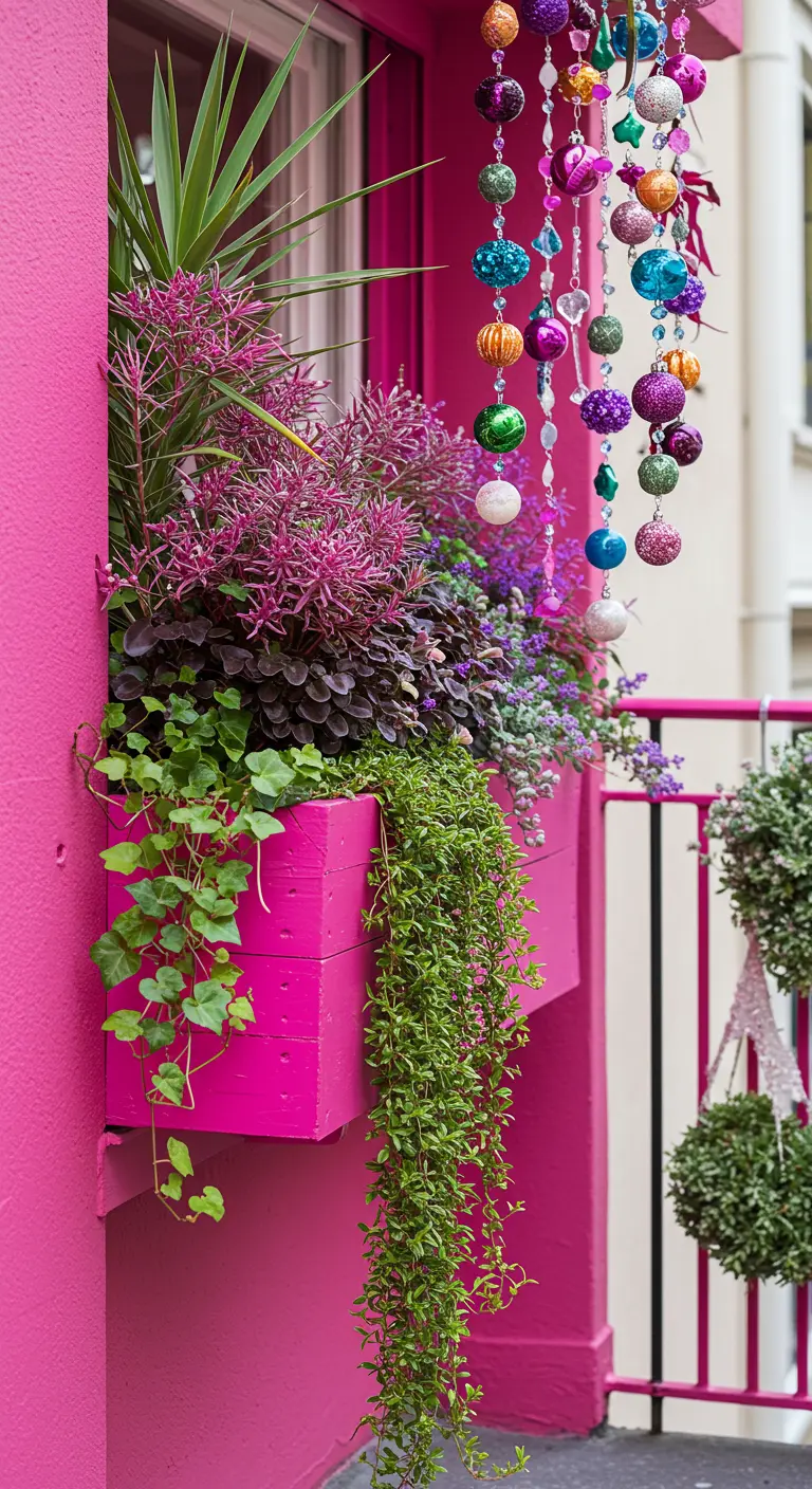 A bright pink window box on a pink wall with pink and purple plants and beaded garlands.