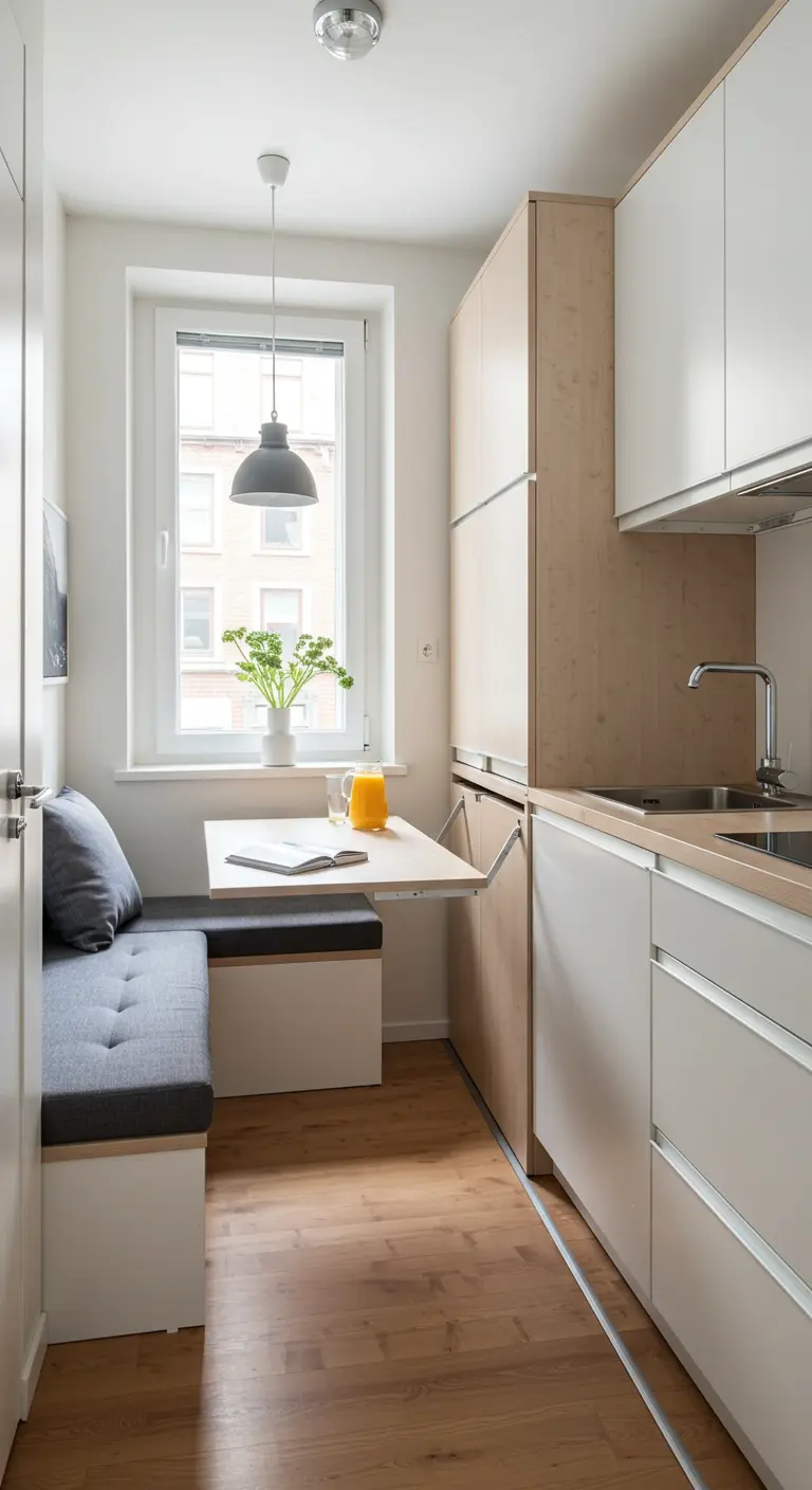 Small kitchen with a grey banquette and a wall-mounted folding table.