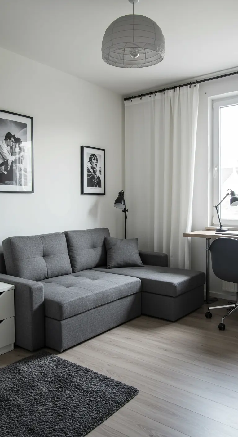 A small room with a gray chaise sofa, a home office desk, and white curtains.