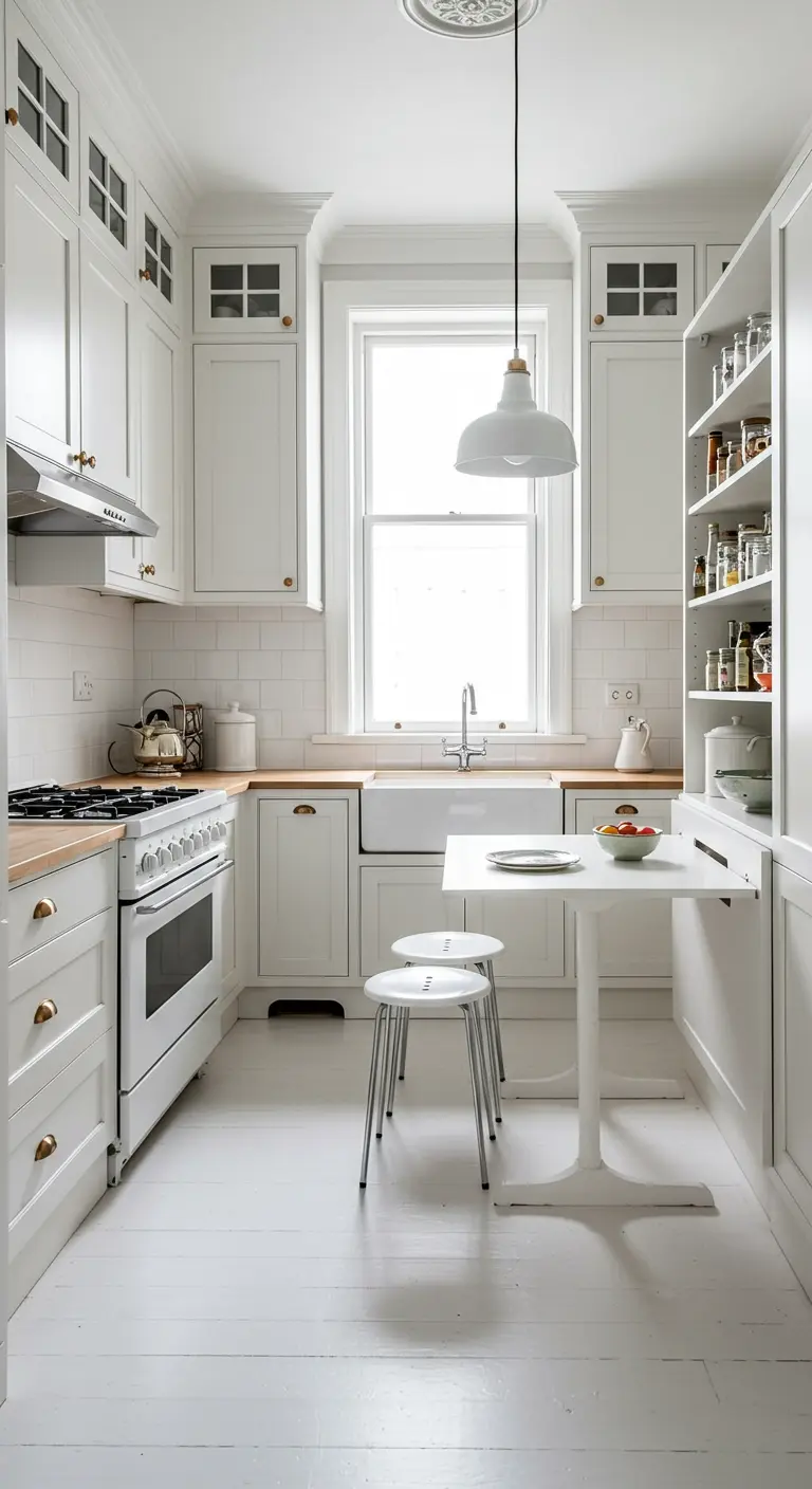 Narrow all-white galley kitchen with a drop-leaf table and open pantry shelving.