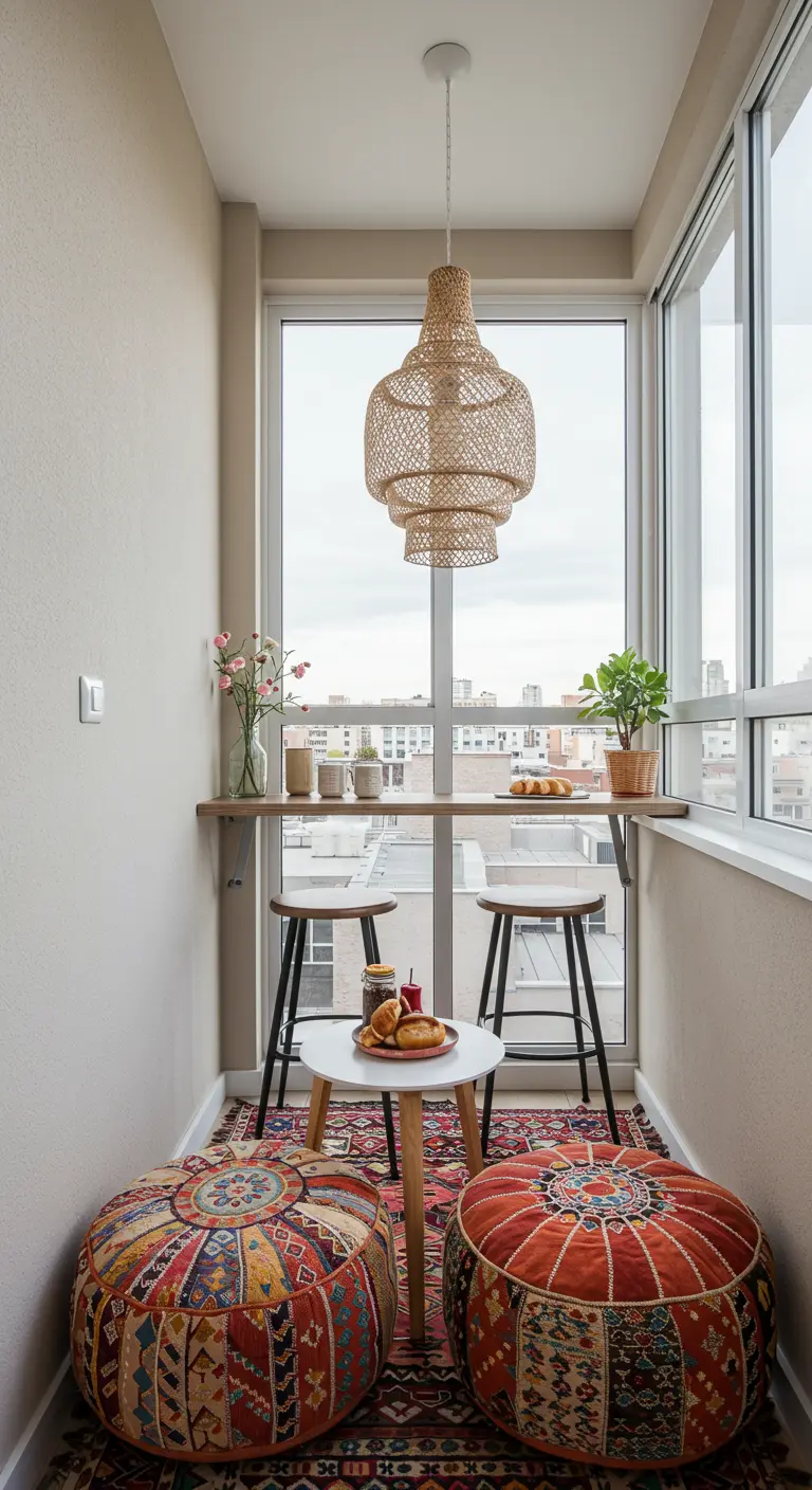 Narrow balcony breakfast nook with a high bar table and colorful patterned floor poufs.