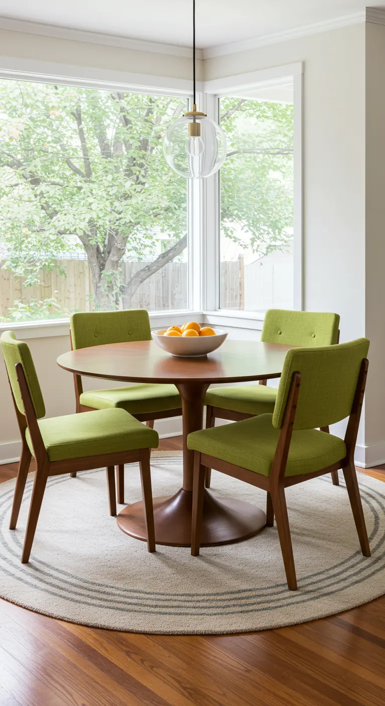Round pedestal dining table with green chairs in a bright, windowed corner.