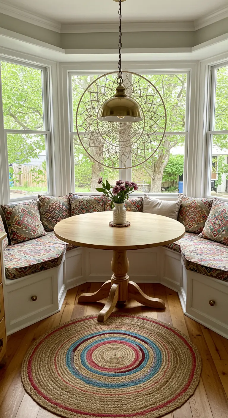 A cozy dining nook in a bay window with a built-in bench, round table, and a circular wall hanging.