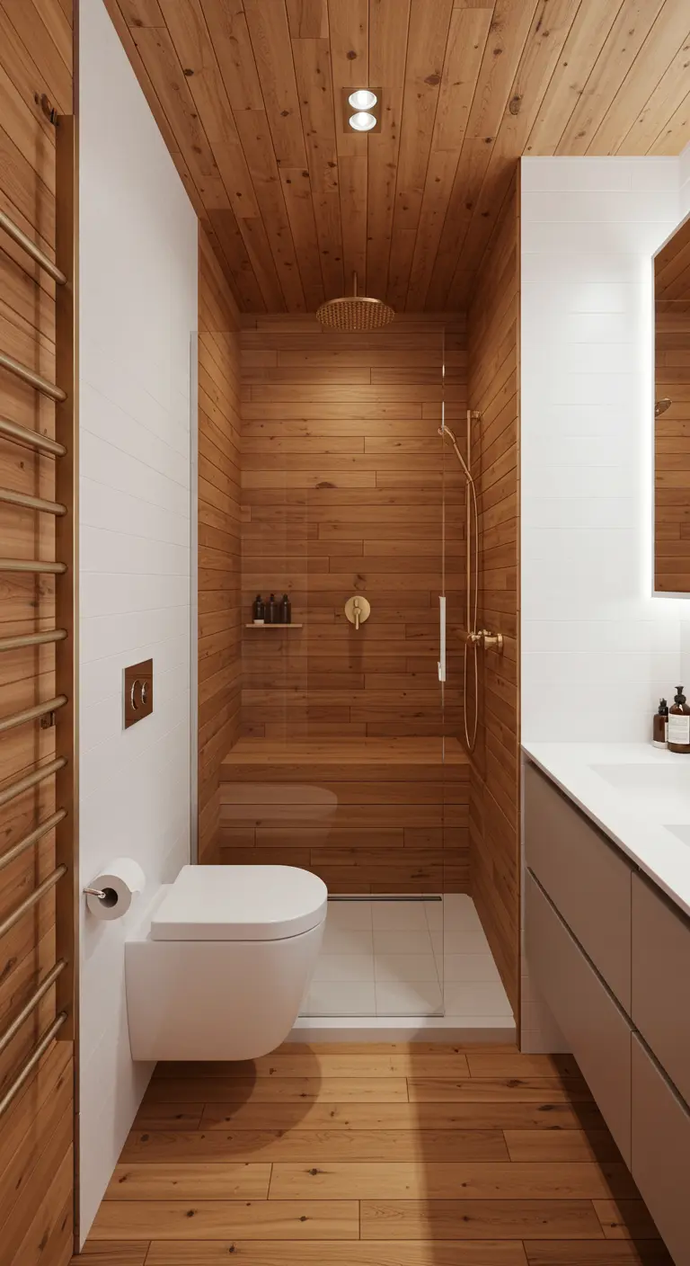 Narrow bathroom with floor-to-ceiling wood paneling in the shower area.