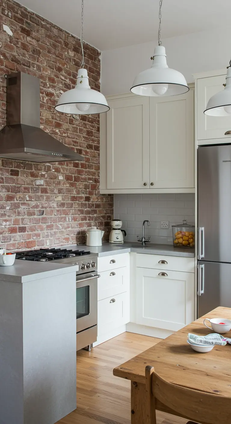 A small kitchen with an exposed brick wall, white cabinets, and white pendant lights.
