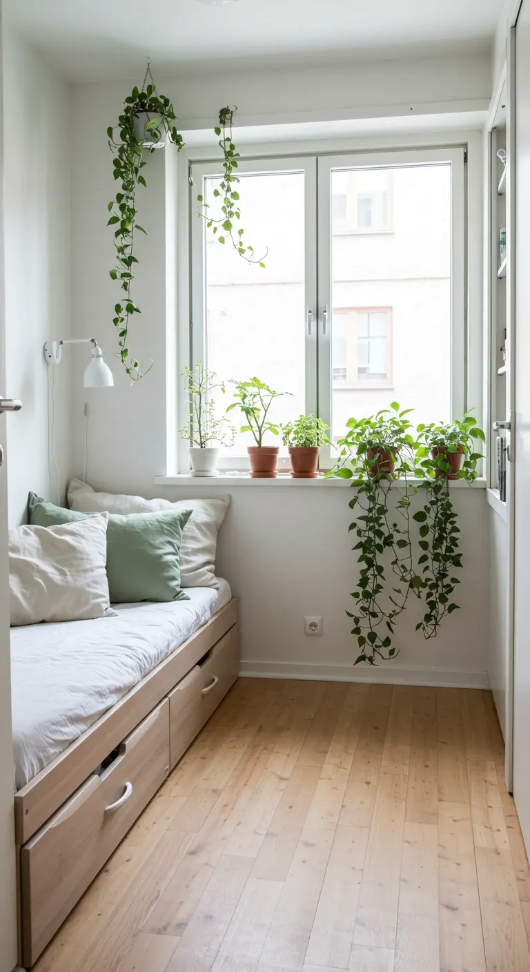A small, narrow bedroom nook with a daybed and an abundance of plants on the windowsill.