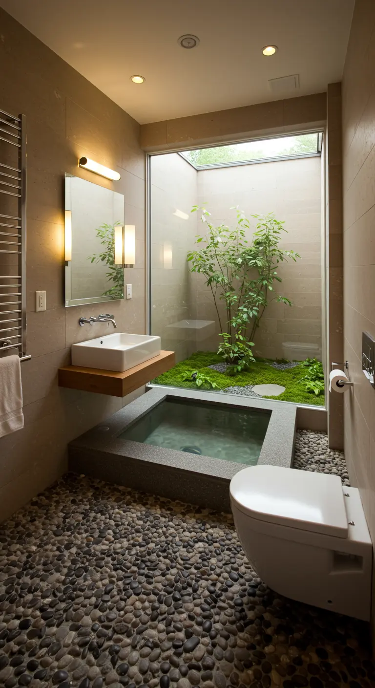 A compact bathroom with a small sunken tub looks out onto a tiny, green interior courtyard.