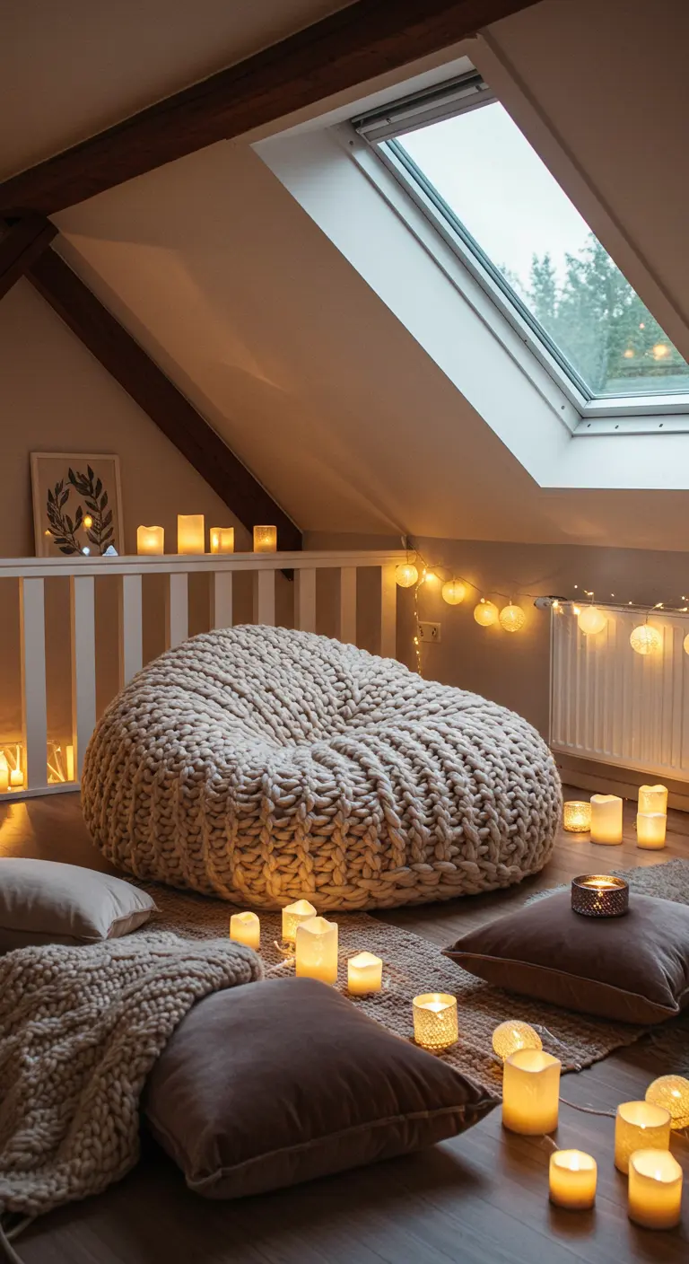 Chunky knit beanbag in an attic loft surrounded by floor pillows, candles, and string lights.