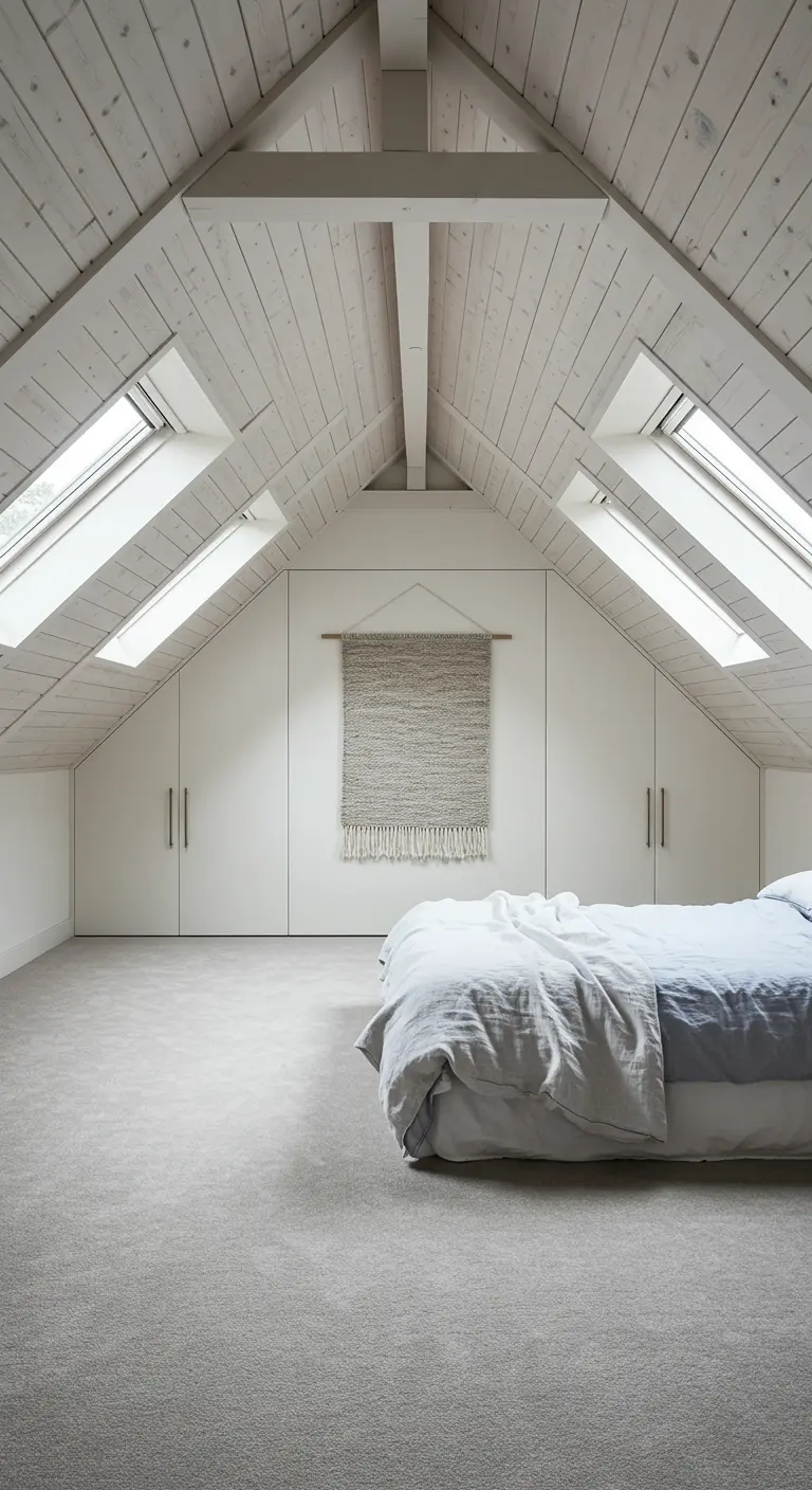 Attic bedroom with white walls, slanted ceilings, and seamless built-in storage.
