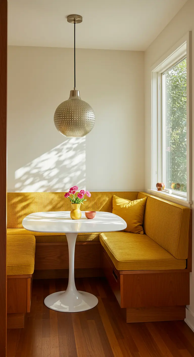 Breakfast nook with a yellow corner banquette, a white tulip table, and a pendant light.