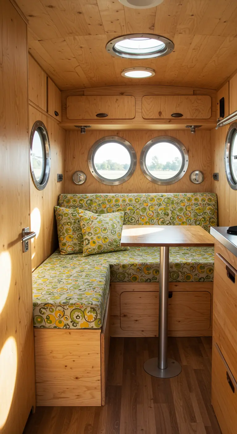 A compact, wood-paneled camper interior with a built-in banquette in a retro green fabric.