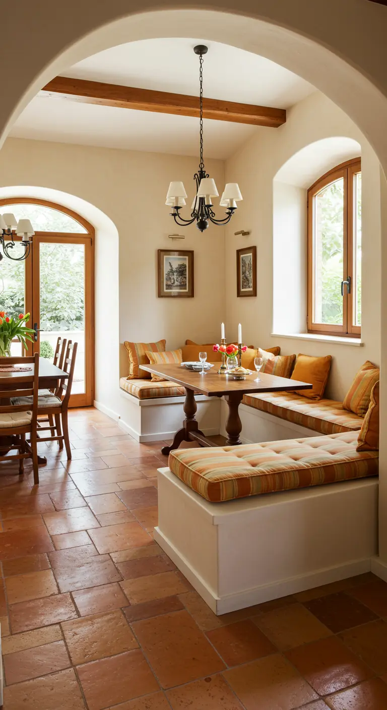 A cozy dining nook with a U-shaped built-in banquette and striped cushions.