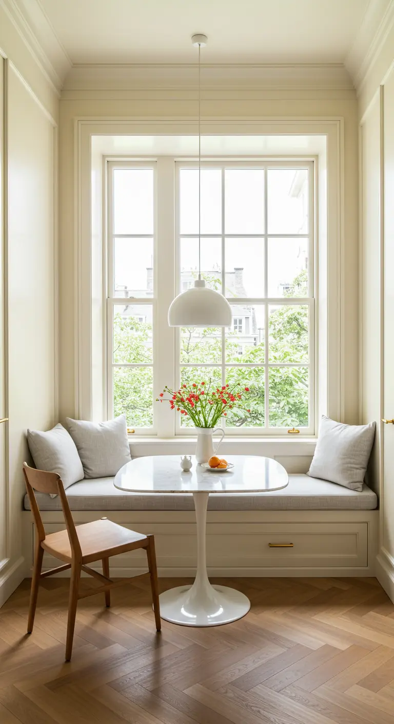 Sunlit breakfast nook with a built-in banquette, white tulip table, and a wood chair.