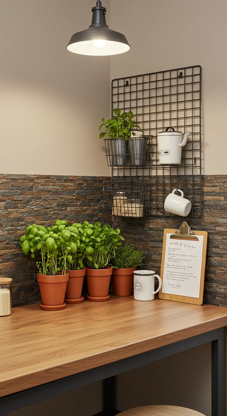 A black wire grid on a kitchen wall holds baskets, a clipboard, and small potted herbs.