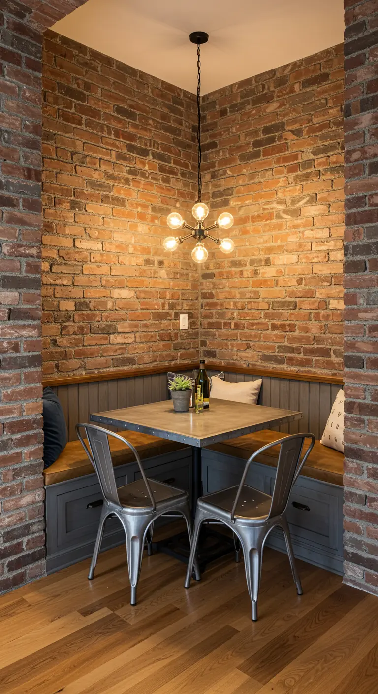 Corner dining nook with built-in banquette seating, a square table, and metal chairs.