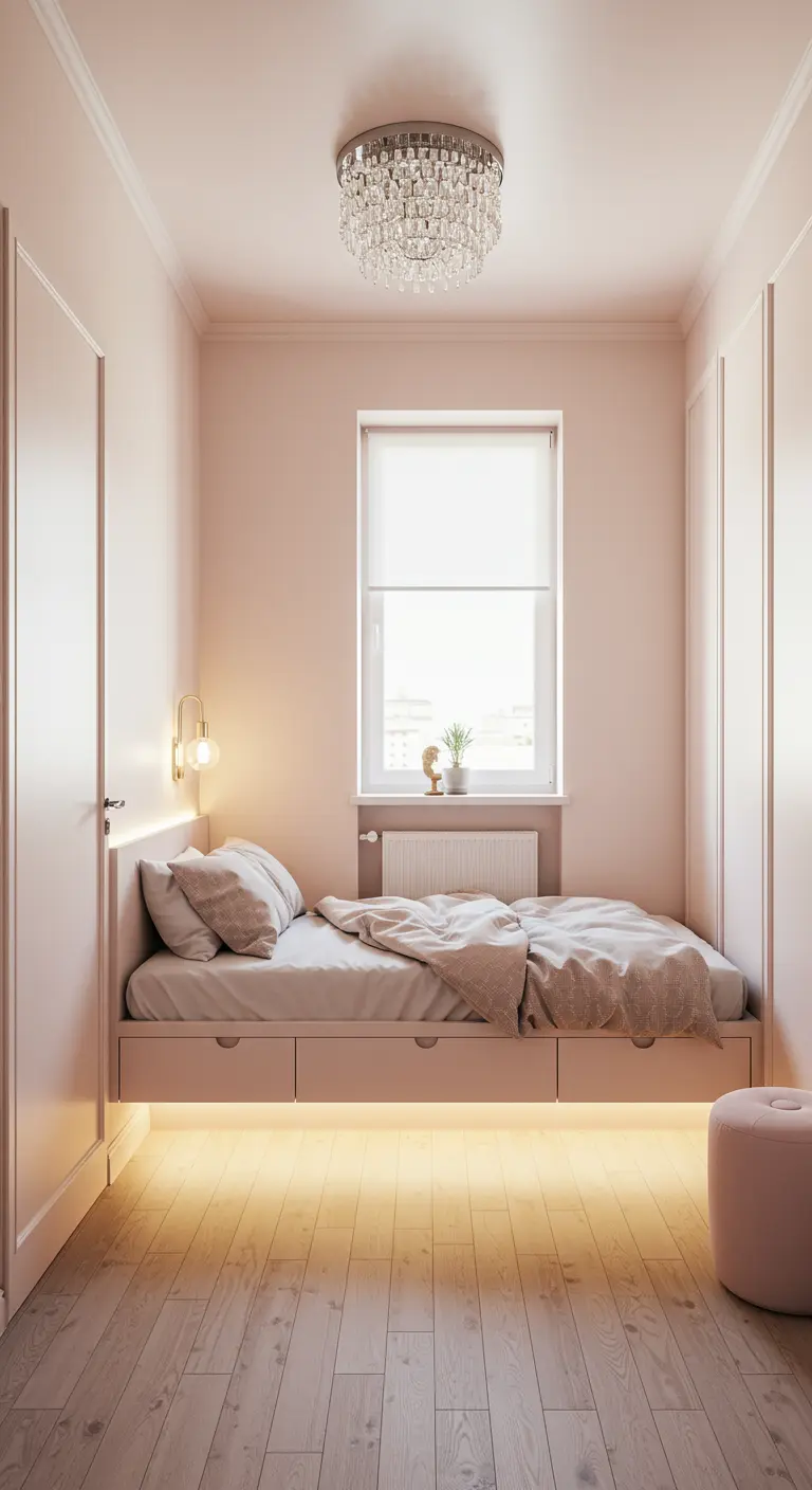 Small bedroom with a built-in blush pink bed nook with under-bed storage and lighting.