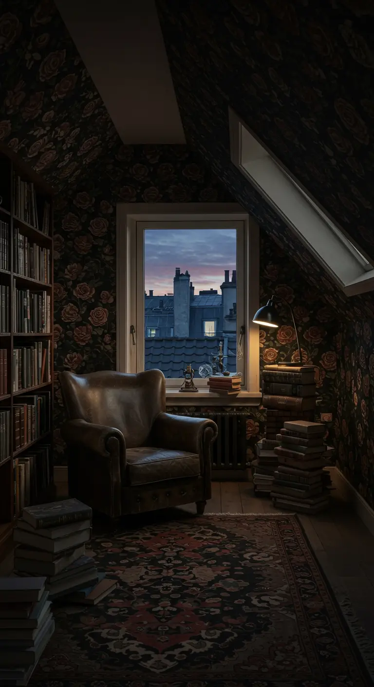 An attic reading nook with a leather armchair, bookshelves, and floral wallpaper.