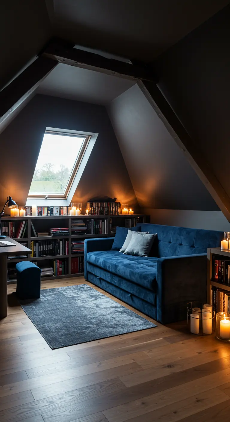 Cozy attic room with charcoal sloped walls, a blue velvet sofa, and candlelight.