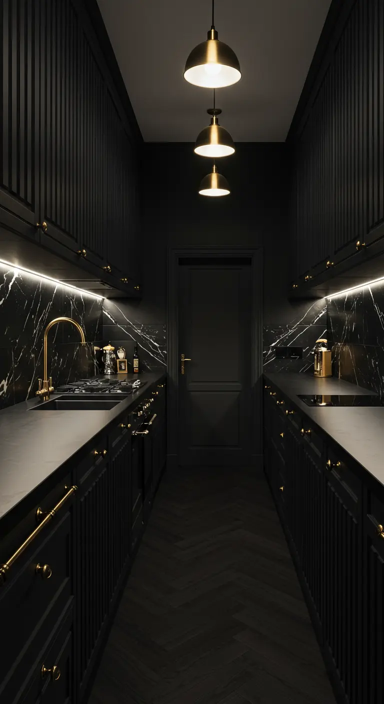 Dramatic black galley kitchen with fluted cabinets and black marble.