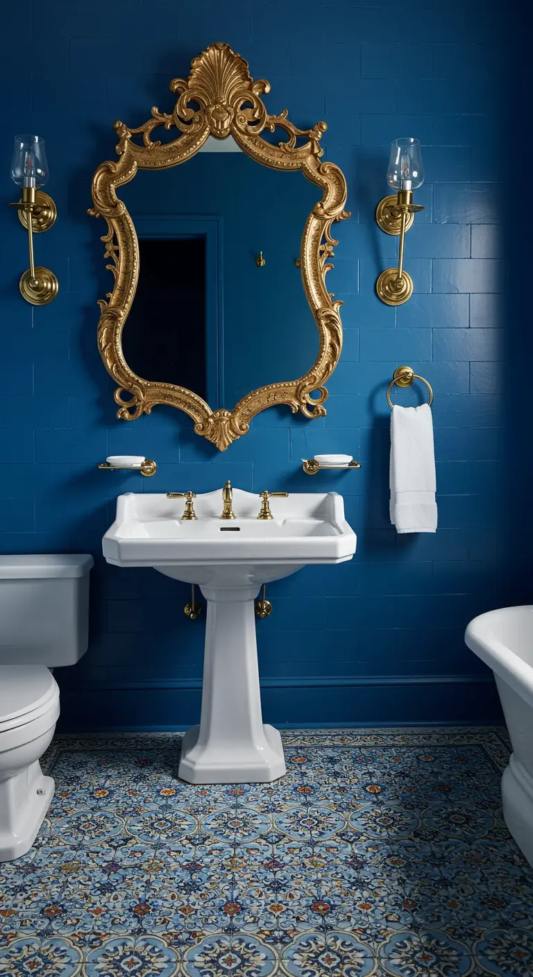 Deep blue tiled bathroom with a large, ornate gold mirror and gold fixtures.
