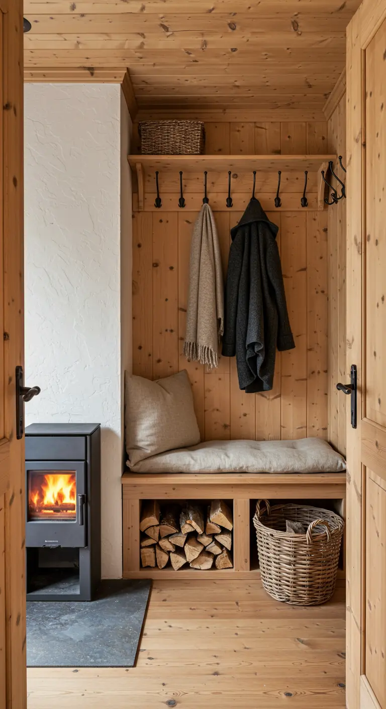 Cabin entryway with a built-in bench, coat hooks, and firewood storage underneath.