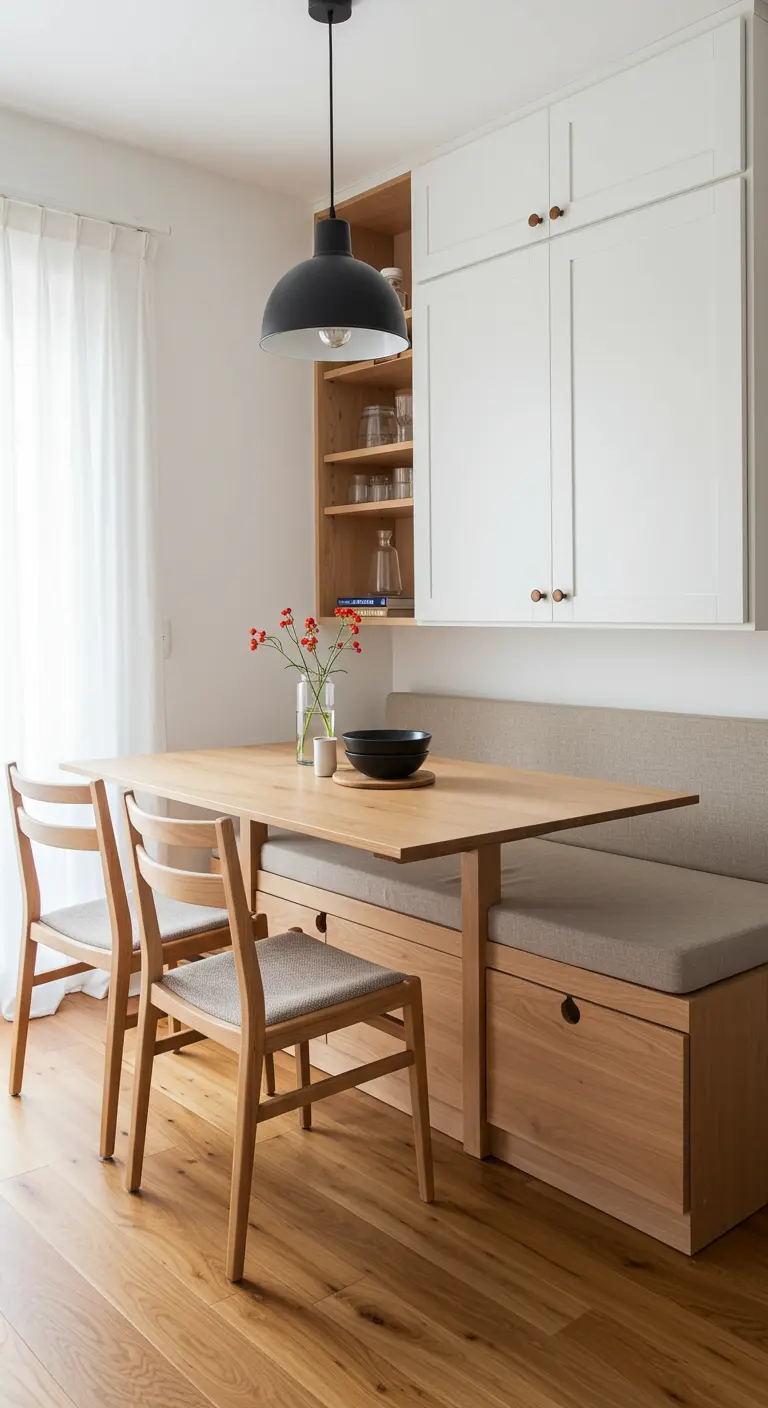 A built-in dining banquette with under-seat storage drawers in a small kitchen.