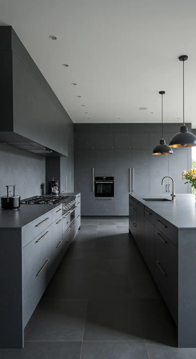A long, symmetrical grey kitchen with two parallel countertops and walls of integrated appliances.