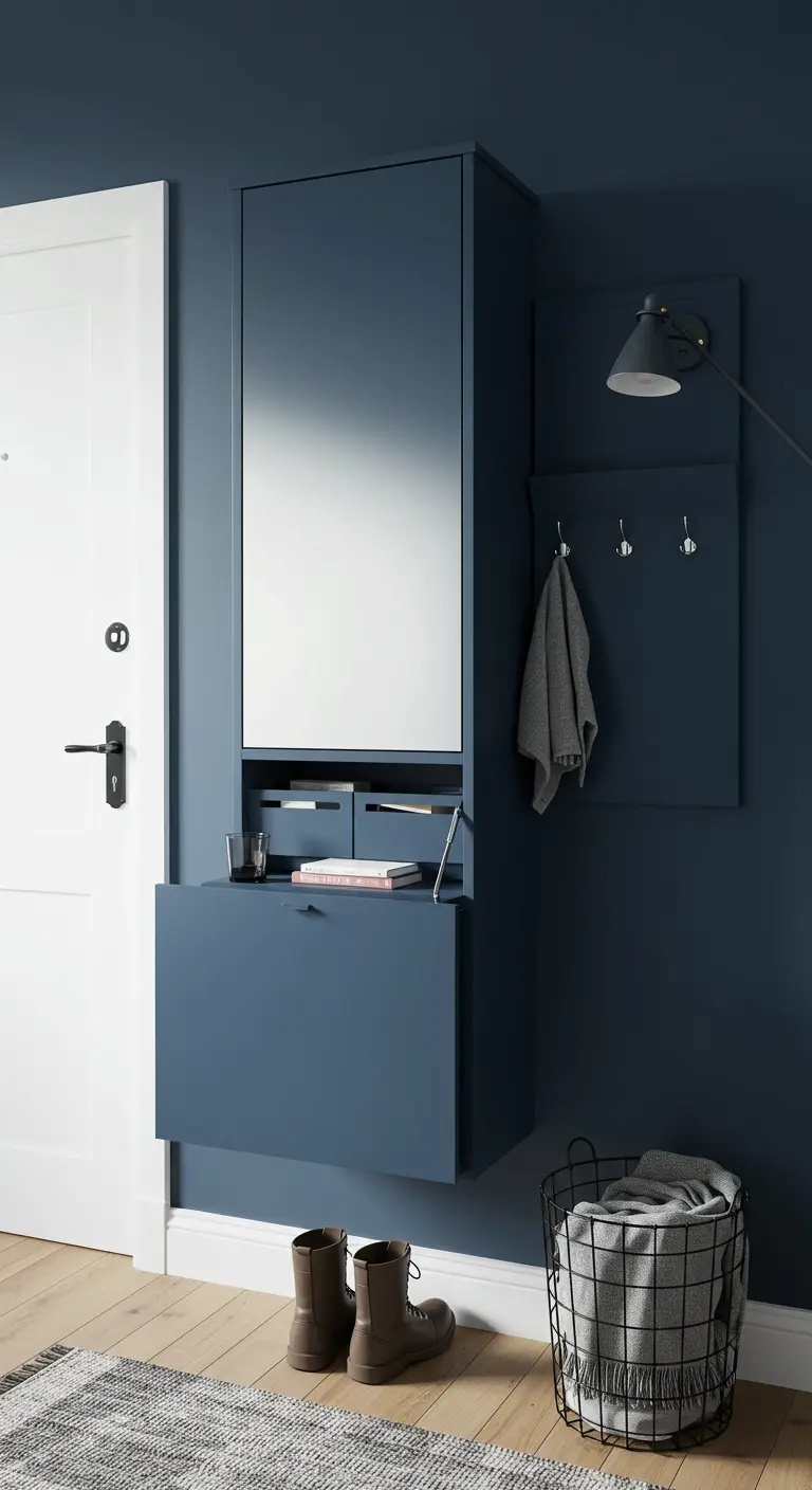 Blue wall-mounted entryway unit with a mirror, hooks, and a fold-down shelf next to a white door.