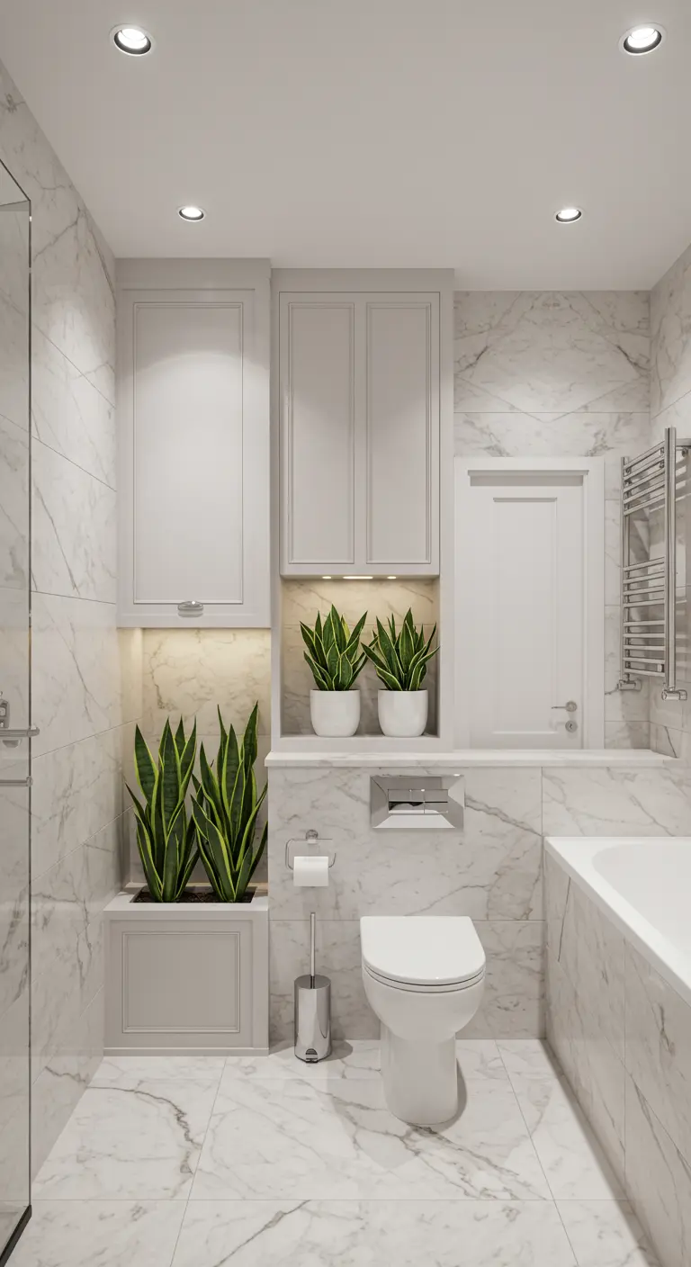 White marble bathroom with a custom built-in unit including a planter and storage.