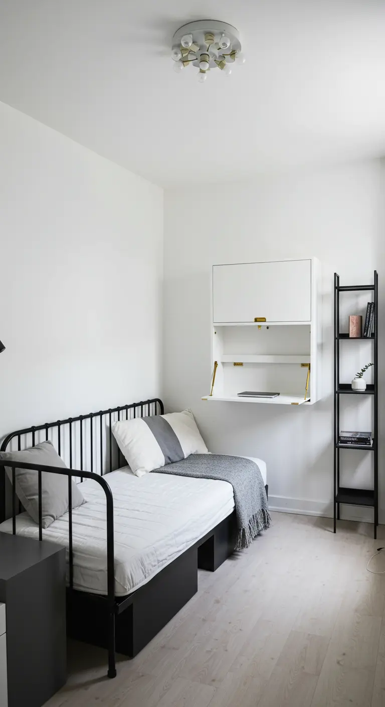 Small room with a black daybed and a white wall-mounted cabinet that folds down into a desk.