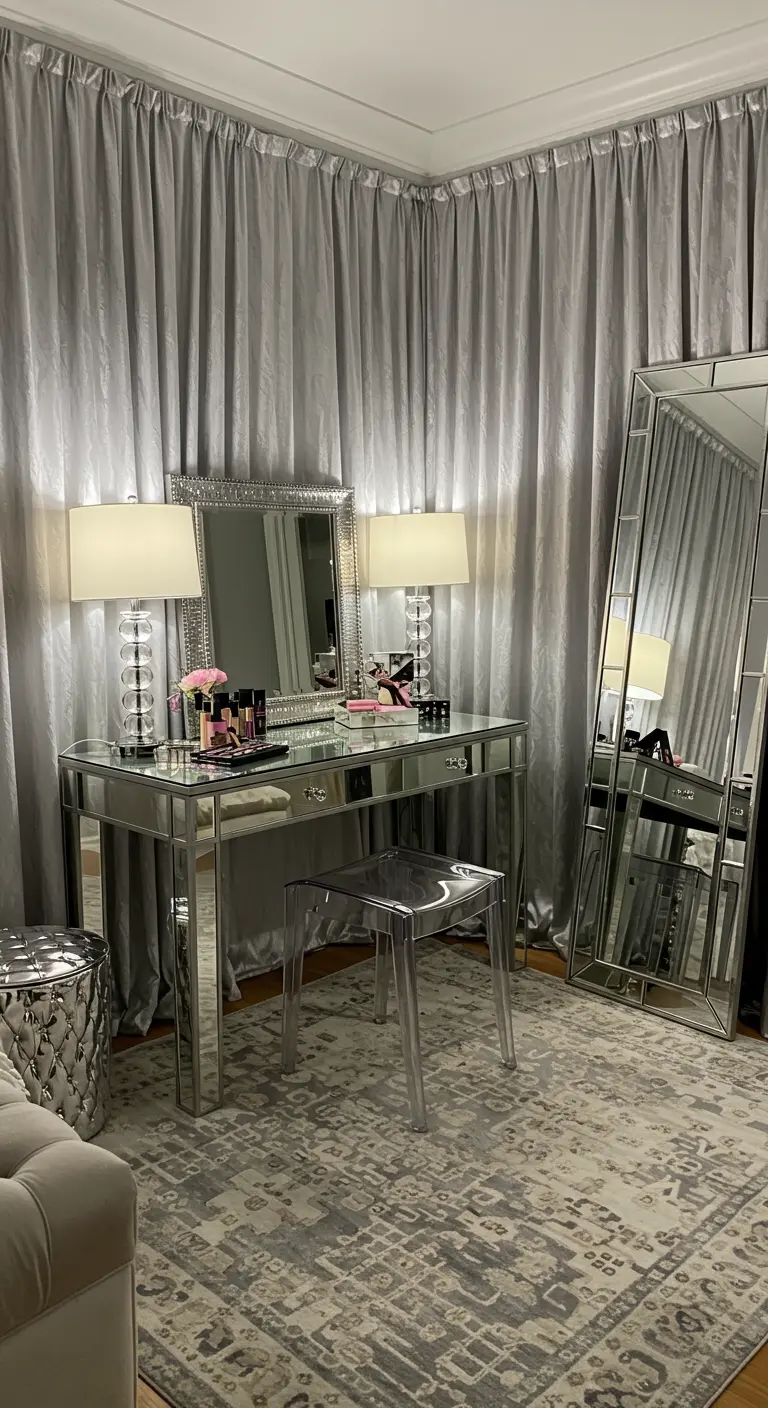 A glamorous dressing area with a mirrored vanity, acrylic stool, and floor-length mirror.