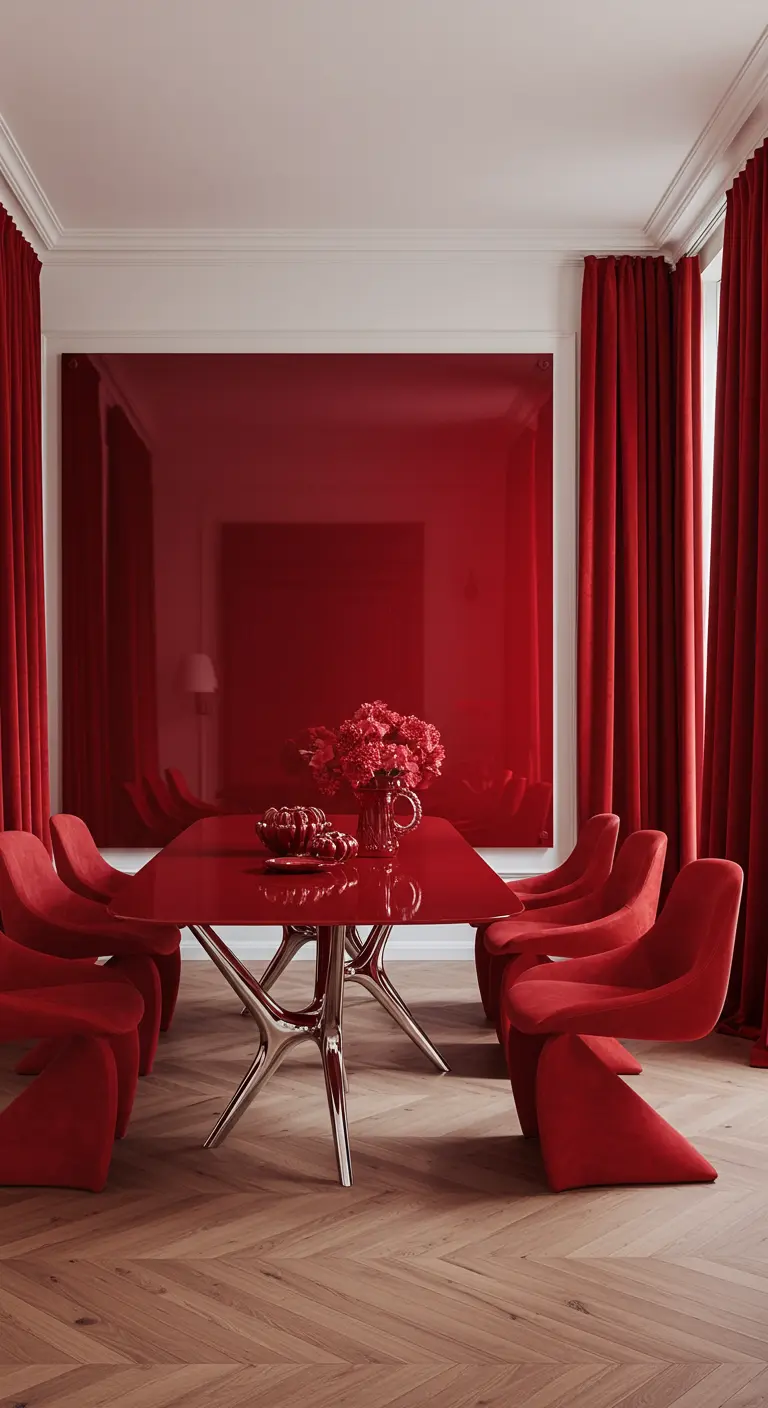 Monochromatic red dining room with a high-gloss red glass accent wall.