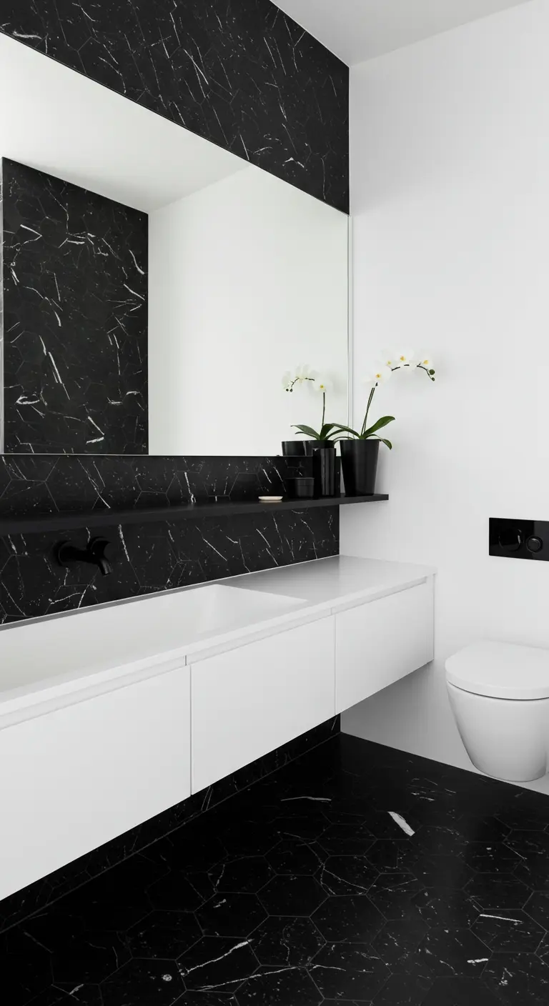 A minimalist bathroom with a black marble hex floor and accent wall against a white vanity.