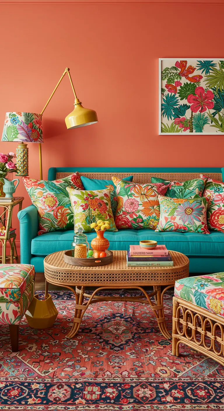A vibrant living room with a coral wall, turquoise sofa, and colorful tropical print pillows.
