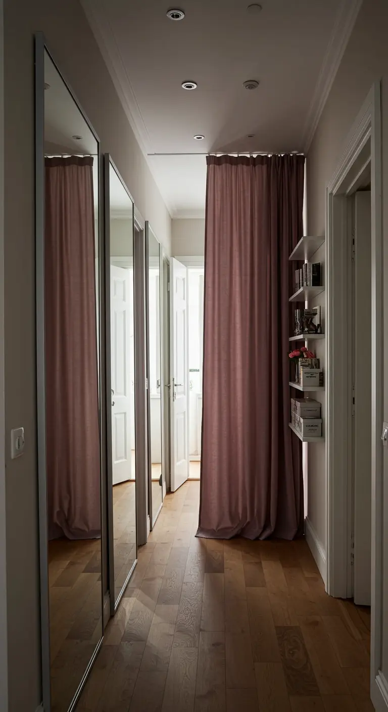 A hallway with mirrored closets and a pink curtain as a divider.